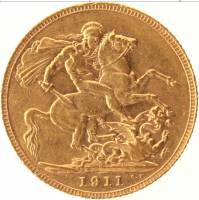 (1911) Монета Великобритания 1911 год 1/2 соверена "Георг V"  Золото Au 917  UNC